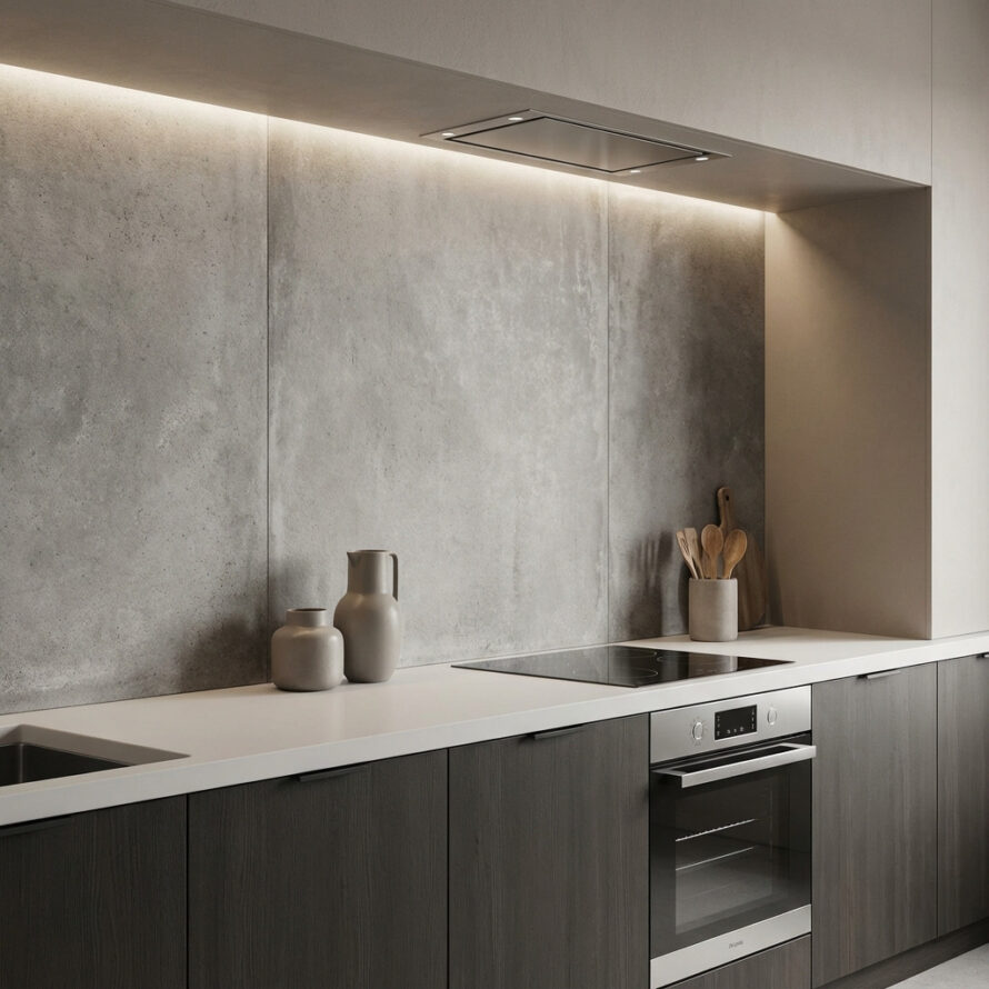 Moderne keuken met betonlook wandpanelen van kunststof achter kookplaat.