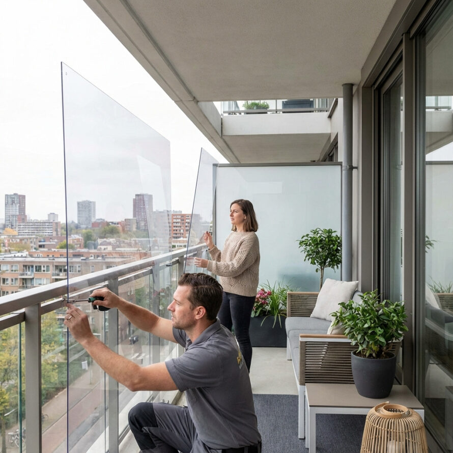 Monteur die een plexiglas balkon windscherm op maat bevestigt met RVS spenglerschroeven.