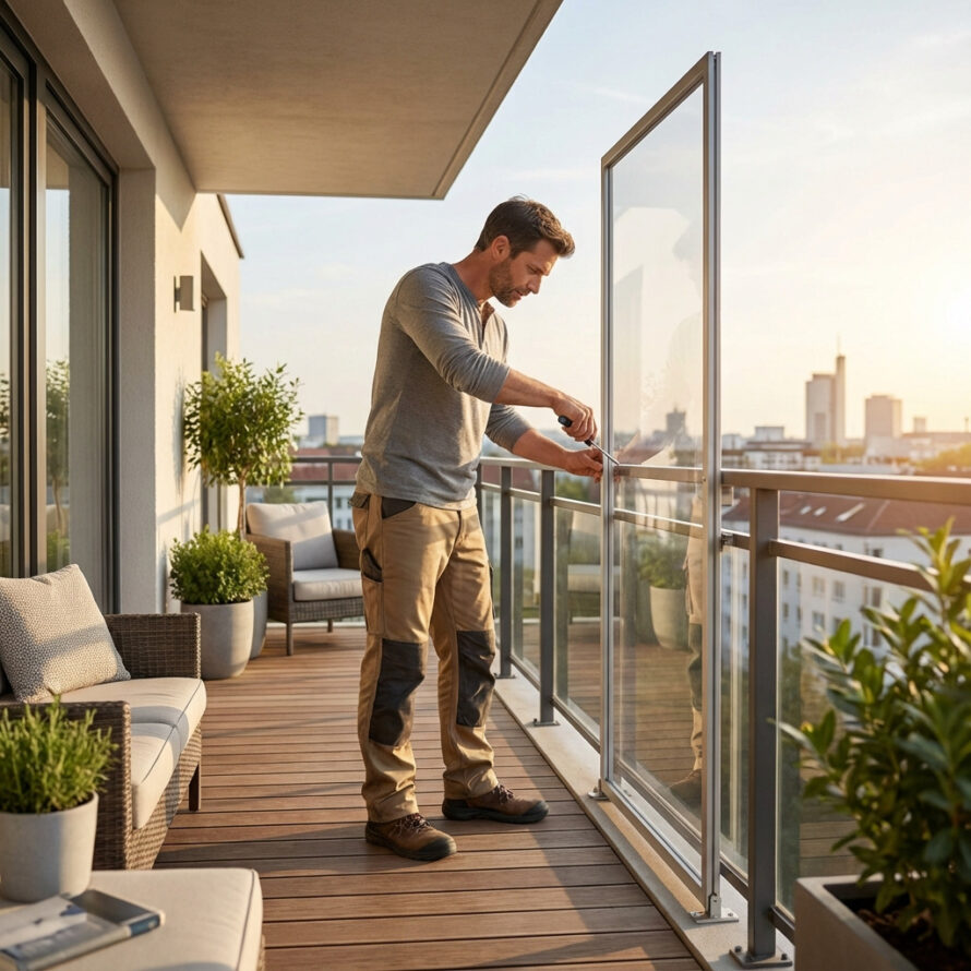 Doe-het-zelver monteert een plexiglas windscherm aan een balkonhek voor extra windbescherming.