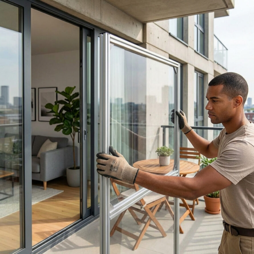Installatie van een transparant plexiglas balkon windscherm met voorgeboorde montagegaten.