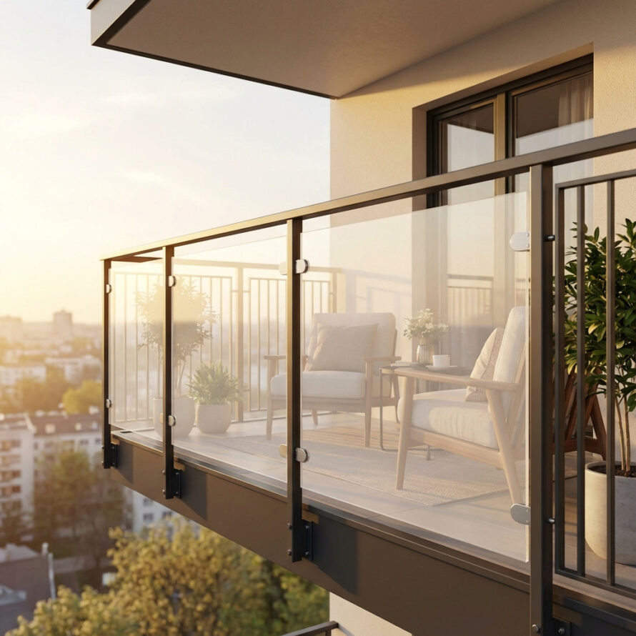 Plexiglas balkonbeglazing als windscherm, gemonteerd aan een appartementenbalkon in stedelijke omgeving.