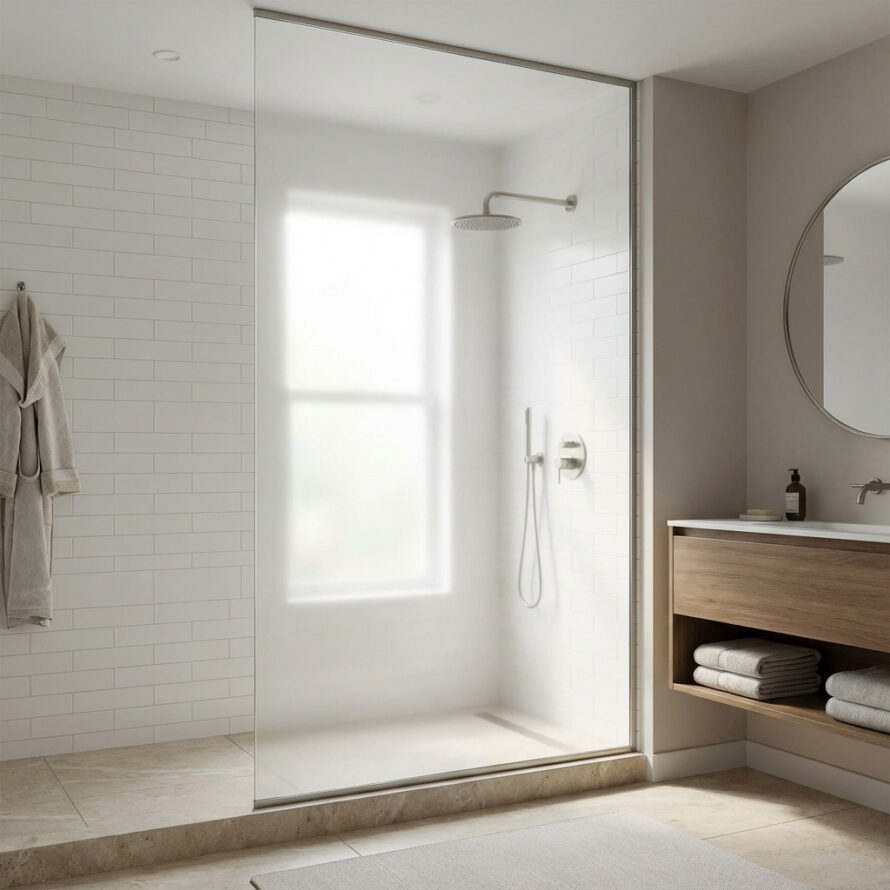 Luxe badkamer met douchewand melkglas van mat plexiglas voor extra privacy.