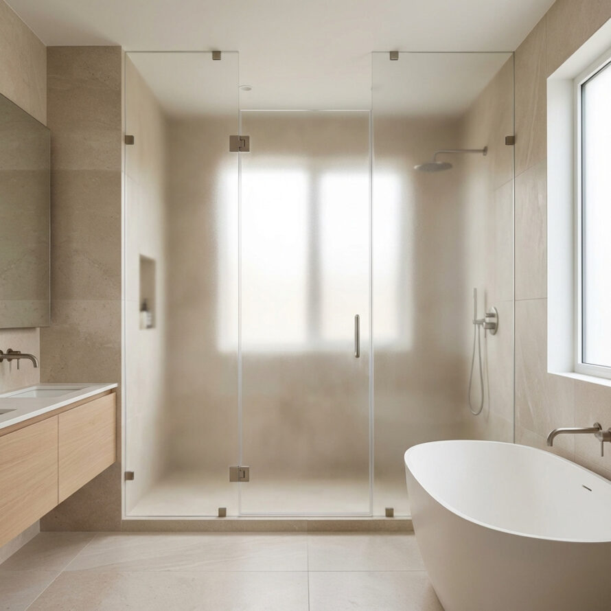 Moderne douchewand melkglas als strakke scheidingswand in ruime badkamer.