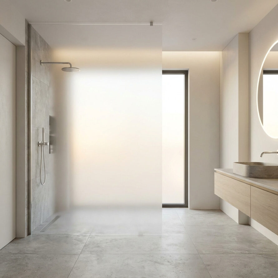 Vrijstaande douche met douchewand melkglas in lichte, luxe badkamer.