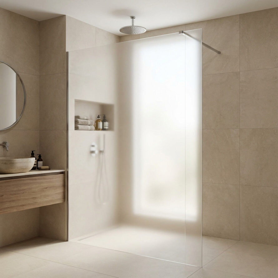 Douchewand melkglas van mat plexiglas in hotelwaardige badkameropstelling.