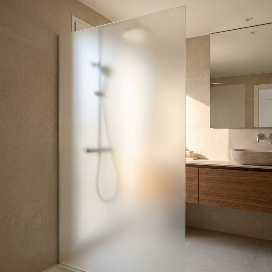 Close-up van douchewand melkglas met diffuus licht en matte afwerking.