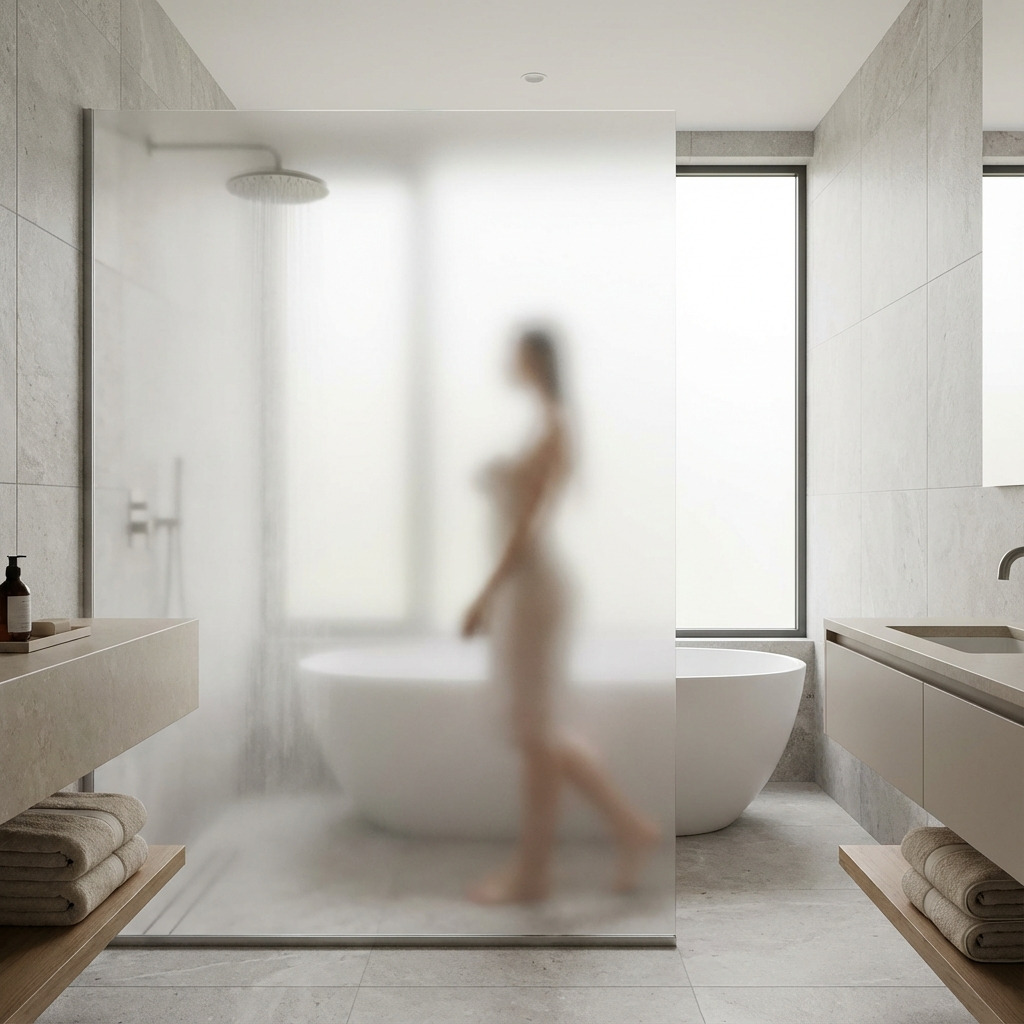 Moderne badkamer met melkglas douchewand van mat plexiglas die privacy biedt terwijl licht wordt doorgelaten.