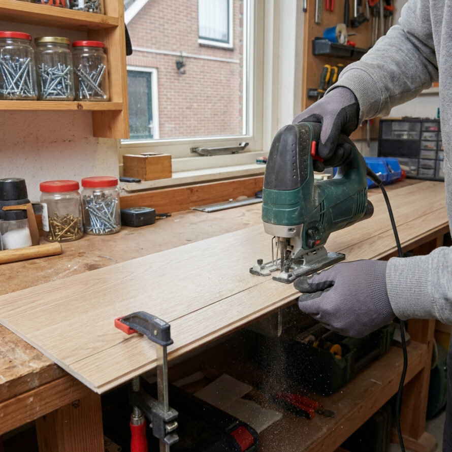 PVC plaat wordt nauwkeurig op maat gezaagd in de werkplaats als onderdeel van een renovatieproject.