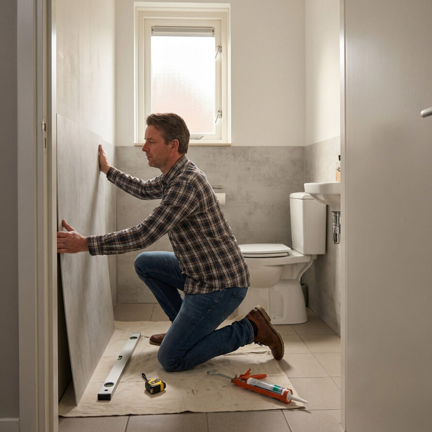 Vakman monteert badkameronderdelen met oog voor detail en afwerking.