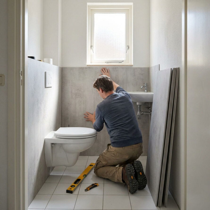 Installateur werkt nauwkeurig aan sanitair en leidingen in een strak afgewerkte badkamer.