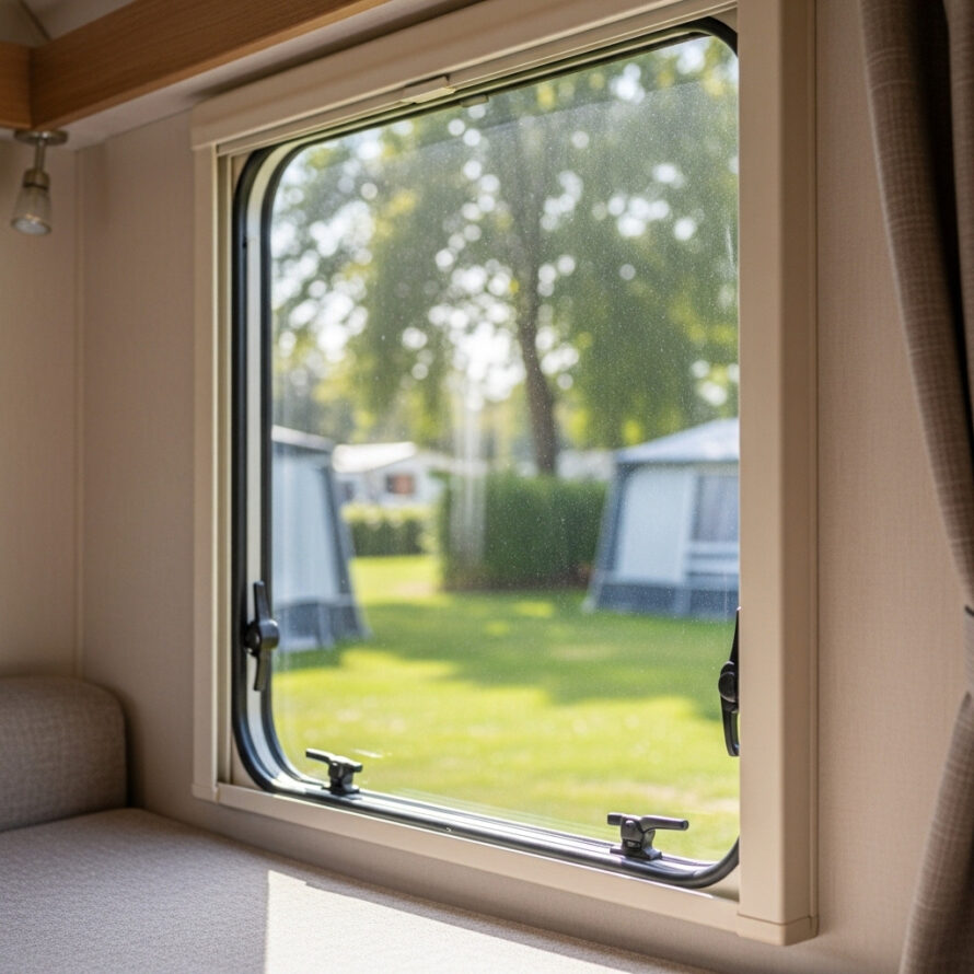 Binnenzijde van de caravan met een nieuw geplaatst kunststof raam dat zorgt voor licht en comfort.