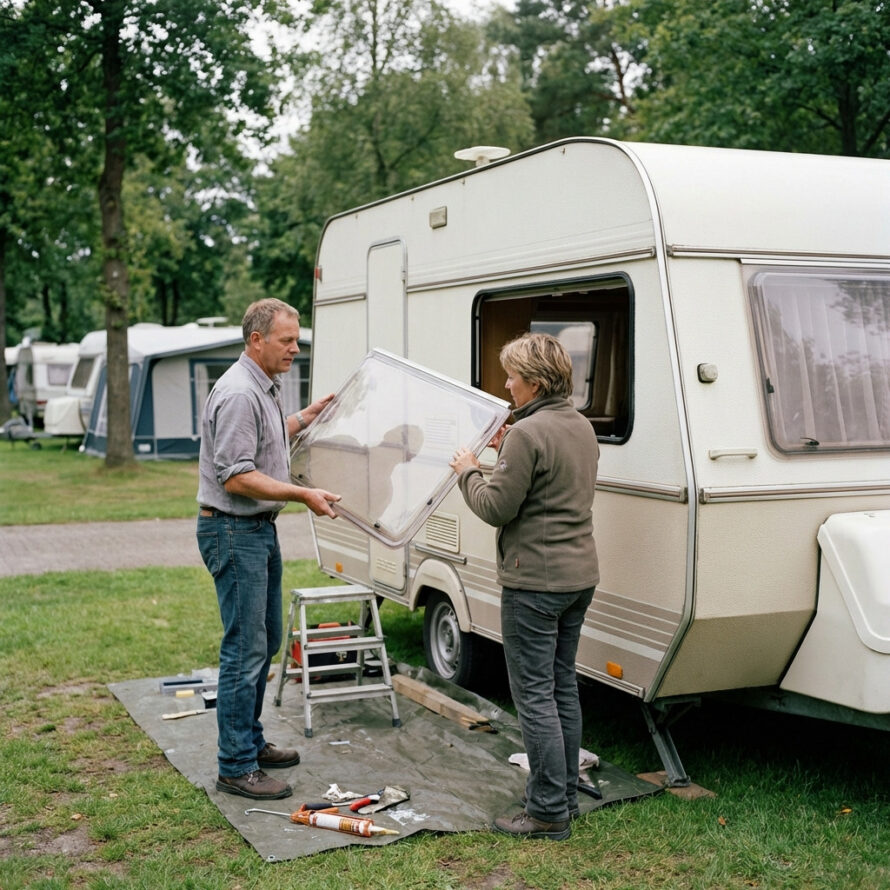 Man bevestigt een kunststof caravanraam met handgereedschap naast de caravan.