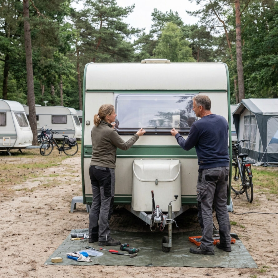 Oude raamopening van de caravan wordt gecontroleerd en voorbereid voor plaatsing van een nieuw raam.