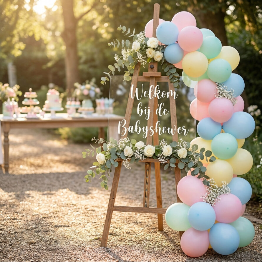 Welkomstbord babyshower van plexiglas met pastelballonnen en bloemen.