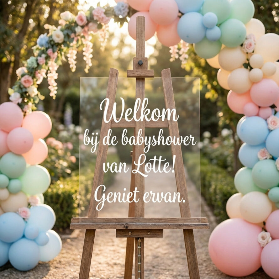 Plexiglas babyshower welkomstbord op houten schildersezel in buitenlucht.