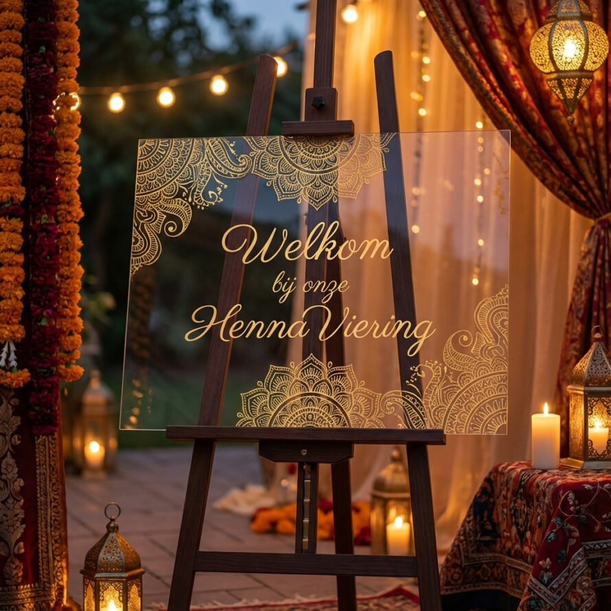Plexiglas welkomstbord voor henna viering op houten schildersezel.