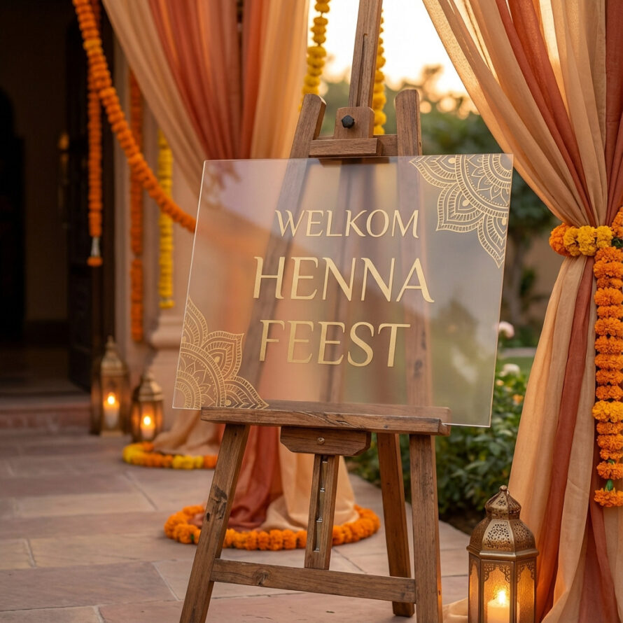 Luxe henna welkomstbord met oosterse decoratie en warme verlichting.