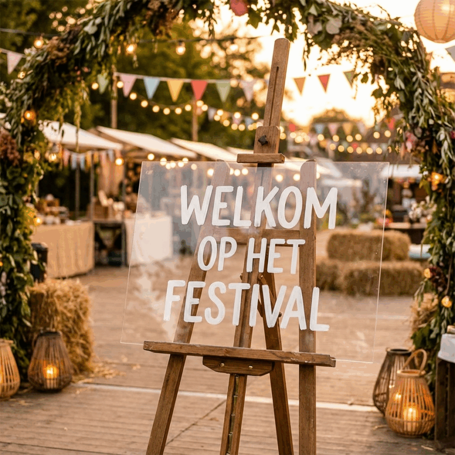 Plexiglas welkomstbord voor feestelijke gelegenheid op schildersezel.