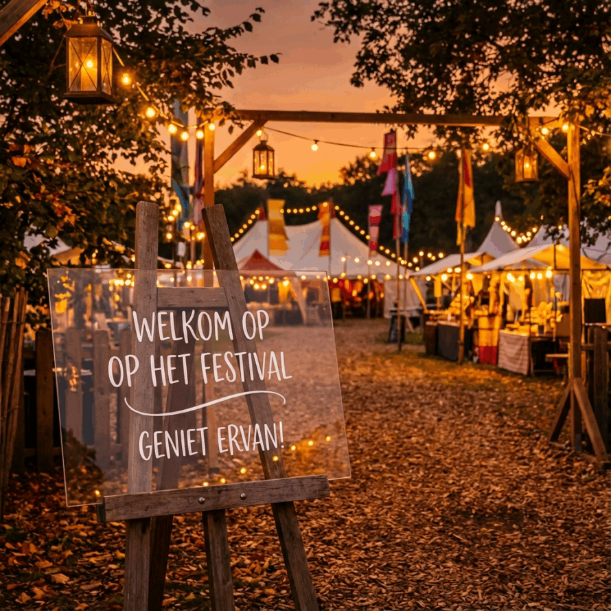 Modern welkomstbord voor festival of evenement van plexiglas.