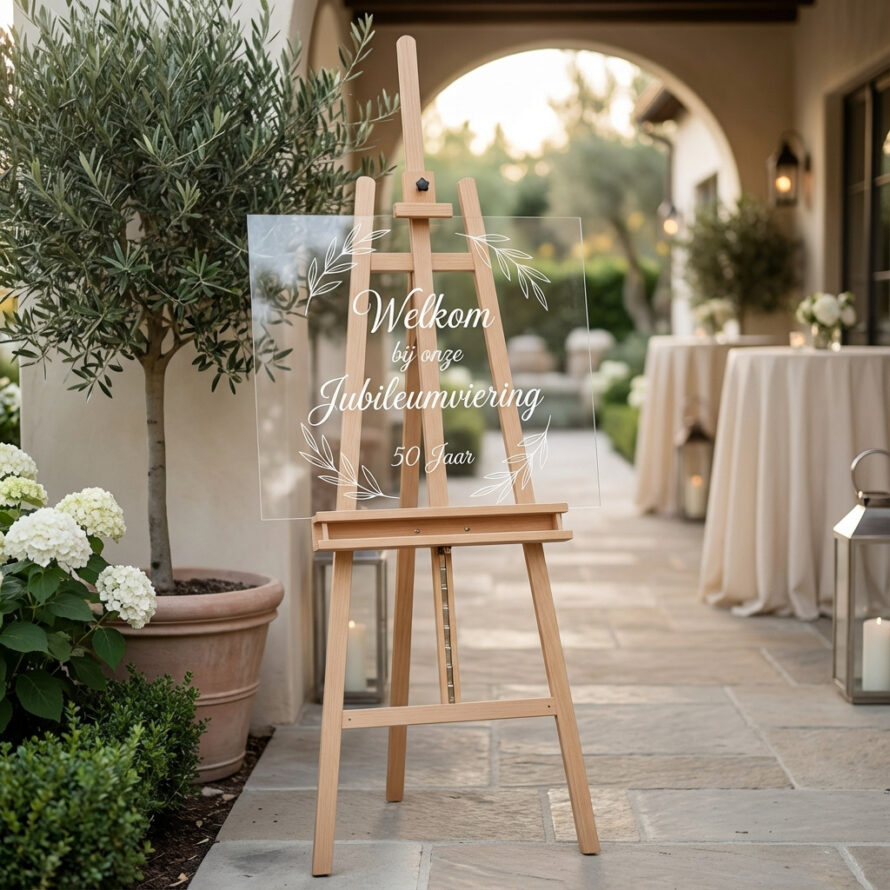 Plexiglas jubileumbord met elegante Nederlandse tekst bij entree.