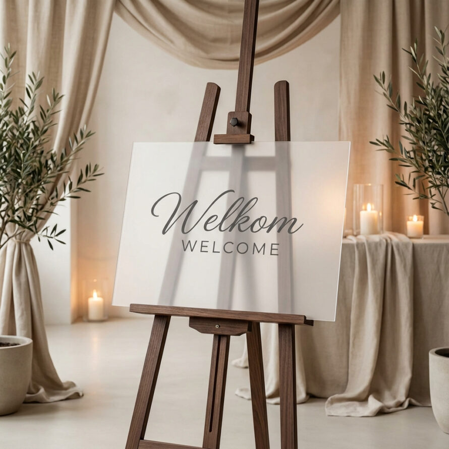 Modern plexiglas welkomstbord voor entree van een evenement.