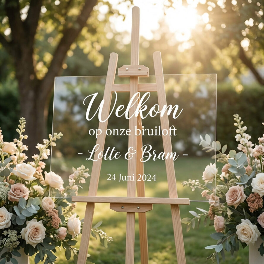 Welkomstbord bruiloft van plexiglas op houten schildersezel.