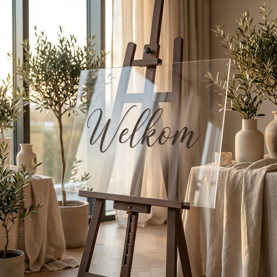 Stijlvol welkomstbord met Nederlandse tekst op transparant plexiglas.