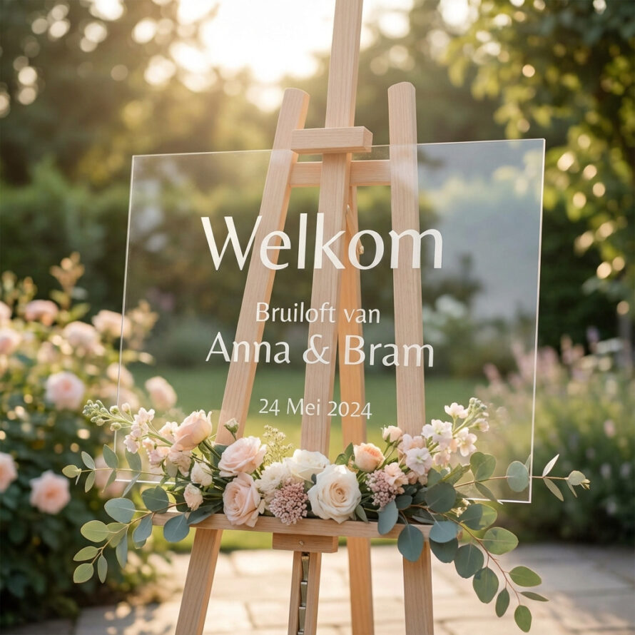 Plexiglas welkomstbord voor bruiloft met elegante Nederlandse tekst.
