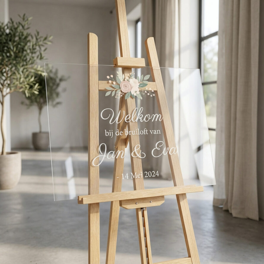 Luxe bruiloft welkomstbord van transparant plexiglas bij entree.