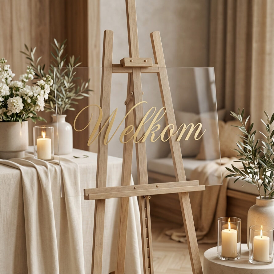 Algemeen welkomstbord van plexiglas op houten schildersezel.