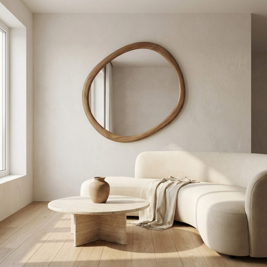 Organische zilverkleurige spiegel van plexiglas in moderne sportschool met strakke wandmontage