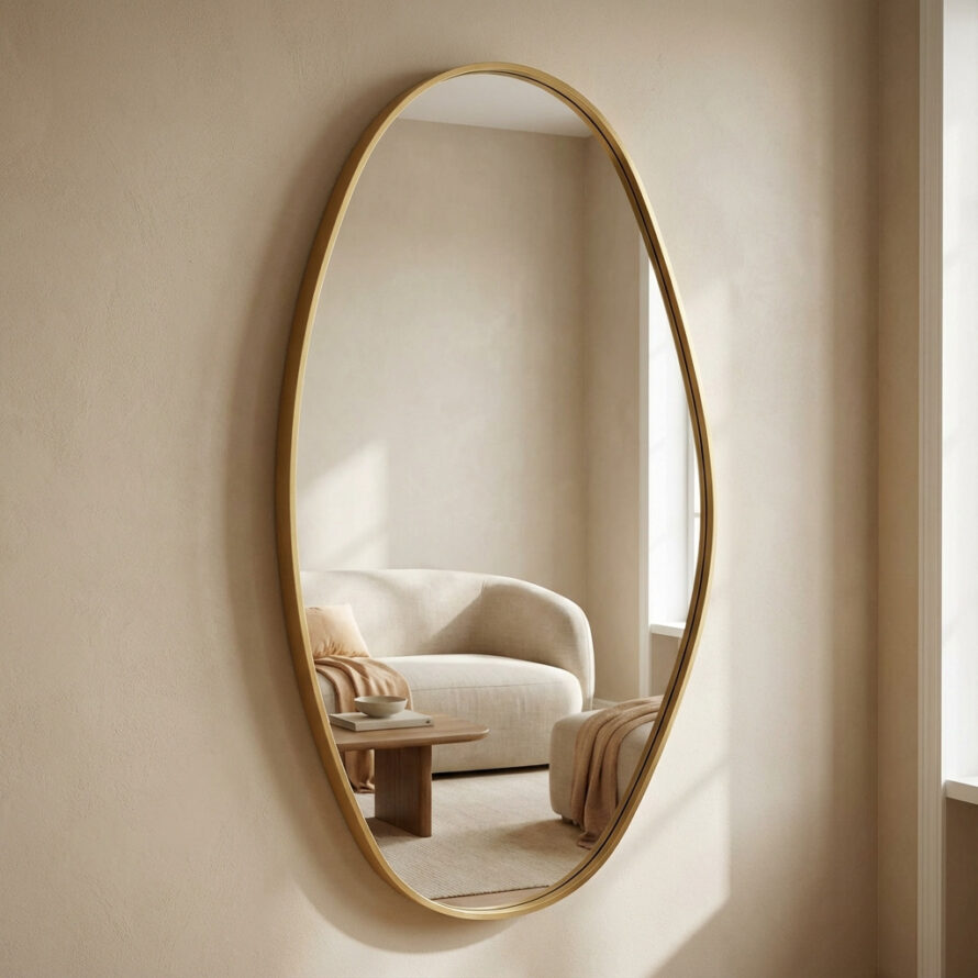 Organische spiegel in lichte woonkamer met minimalistisch interieur en zachte kleuren