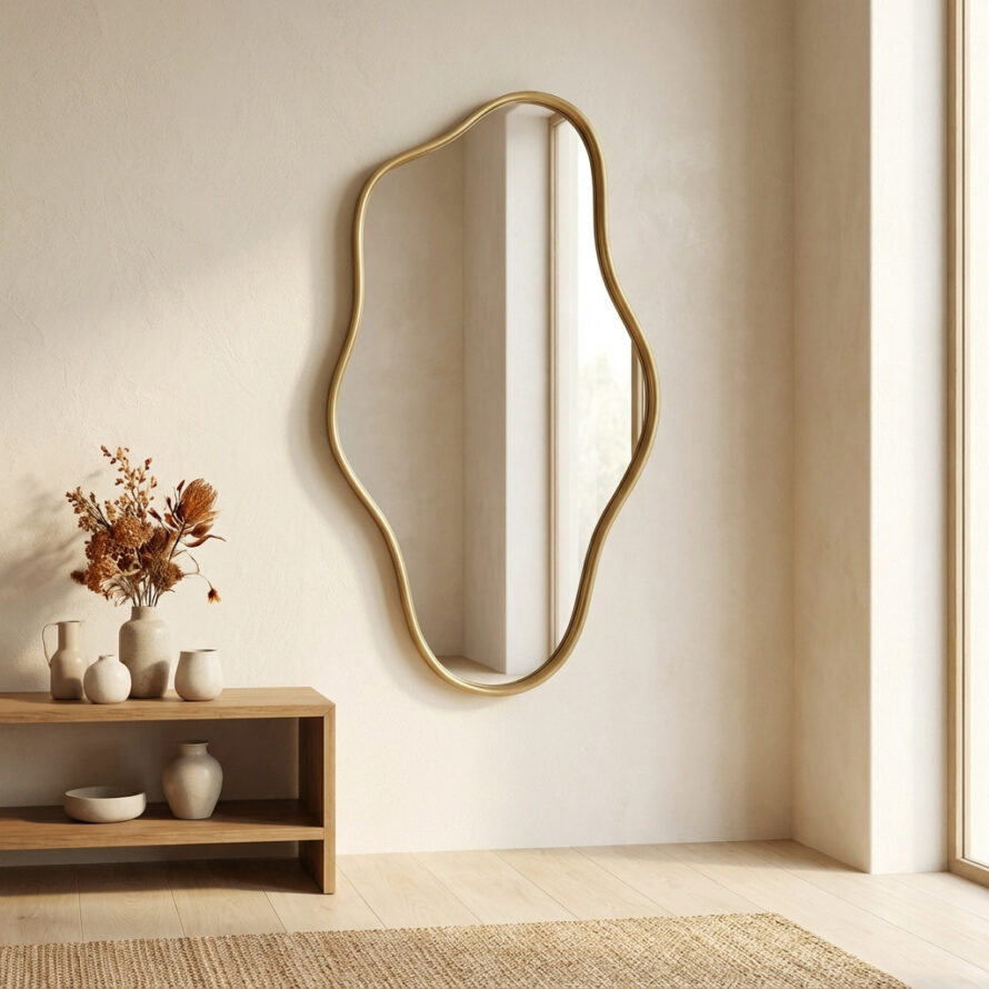 Ronde organische spiegel met natuurlijke uitstraling in Scandinavische woonkamer