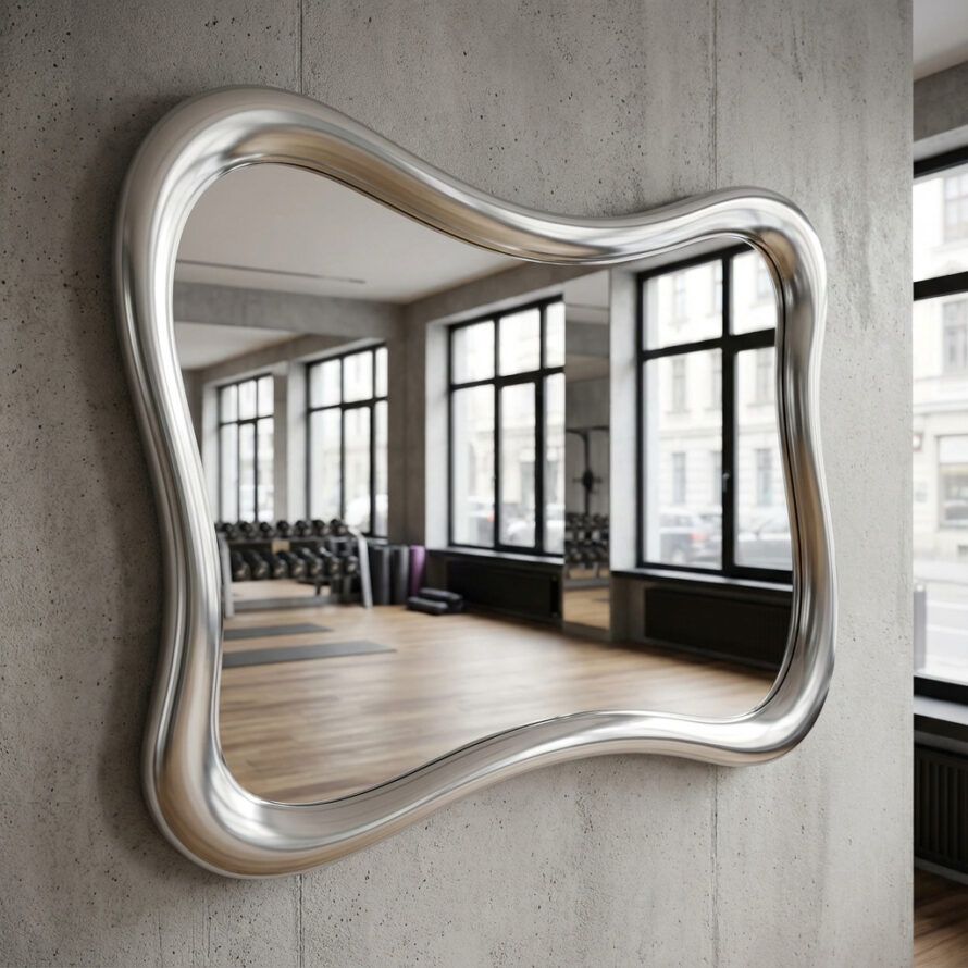 Asymmetrische organische spiegel in zilver, gemonteerd aan betonnen muur in fitnessruimte