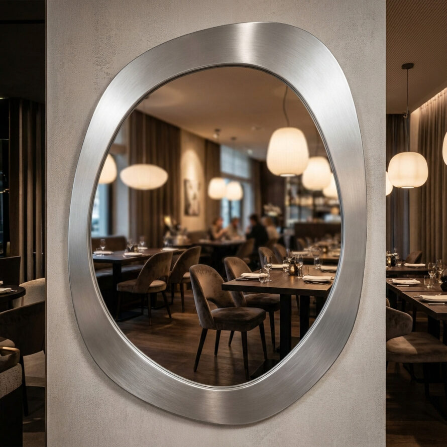 Organische wandspiegel met zilverkleurige afwerking in stijlvol restaurantinterieur