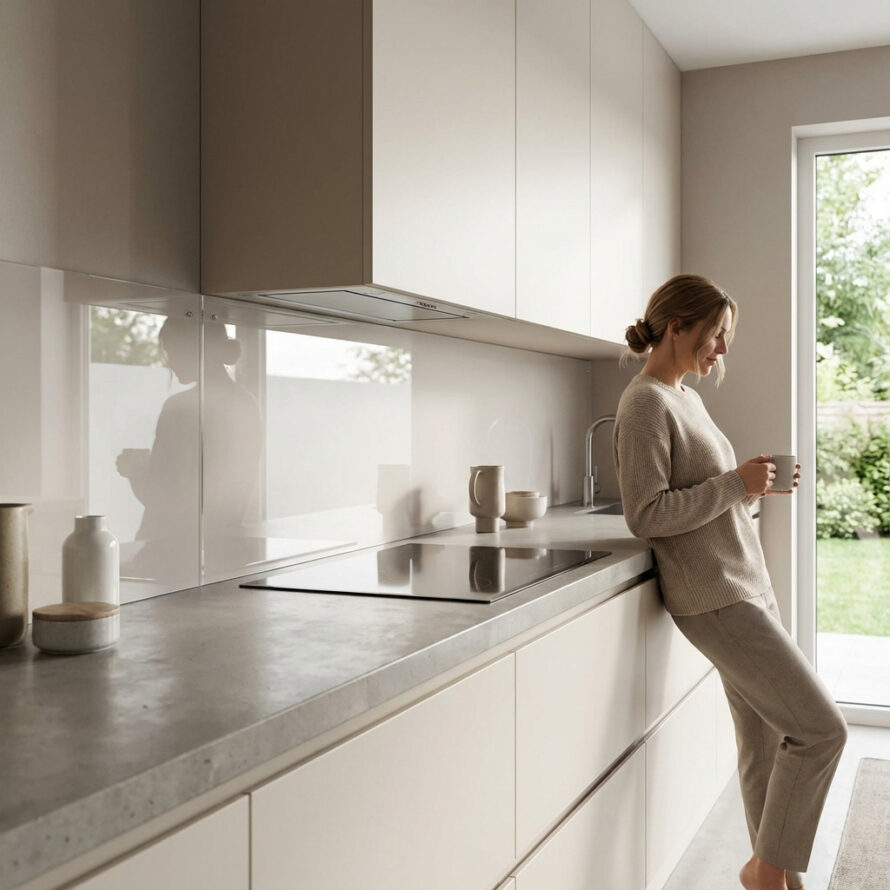 Moderne keuken met witte en houten fronten en transparante plexiglas spatwand.