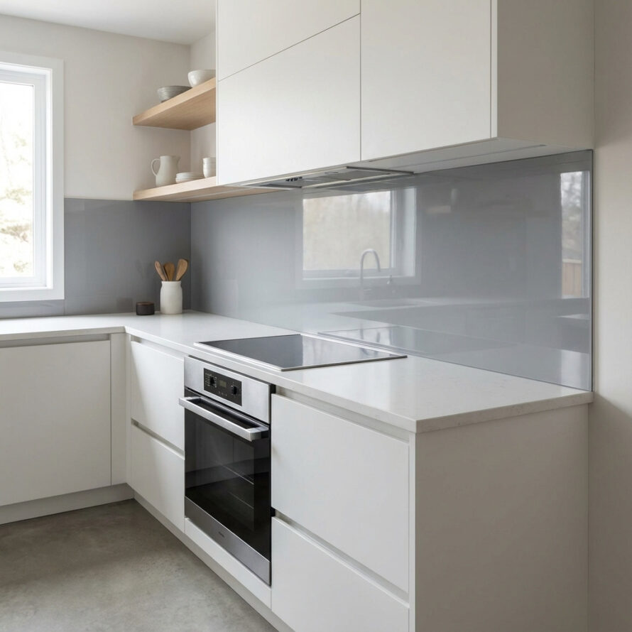 Minimalistische witte keuken met hoogglans plexiglas spatwand en licht werkblad bij groot raam.