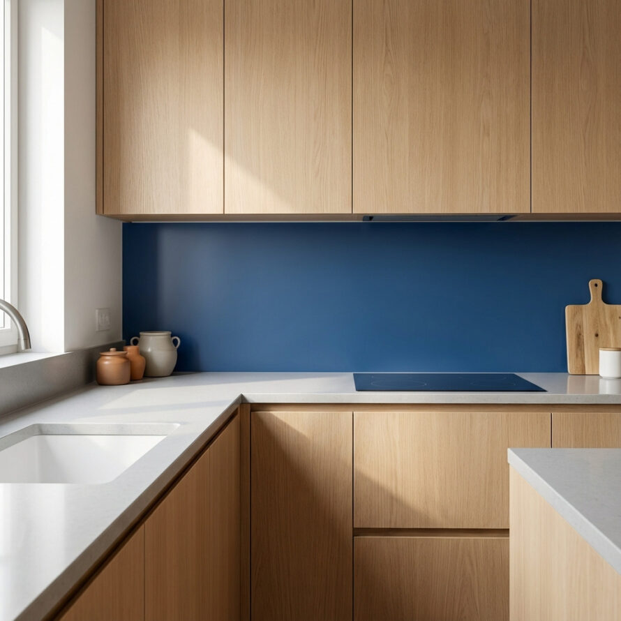 Keukeneiland met betonnen werkblad en donkergrijze plexiglas spatwand in moderne woning.