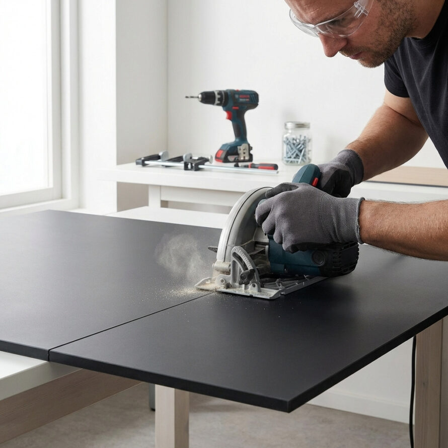 Close-up van een man die een zwarte plaat nauwkeurig doorzaagt met een cirkelzaag, met boormachine en schroeven op de achtergrond.