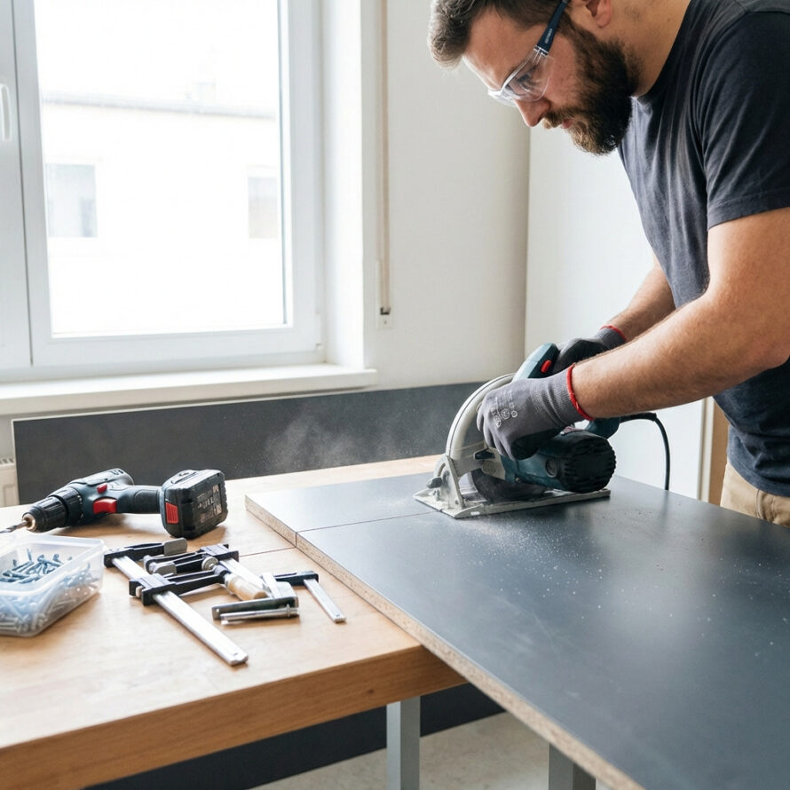 Doe-het-zelver zaagt een zwarte kunststof plaat op maat in een werkplaats, met klemmen en gereedschap op de werkbank.
