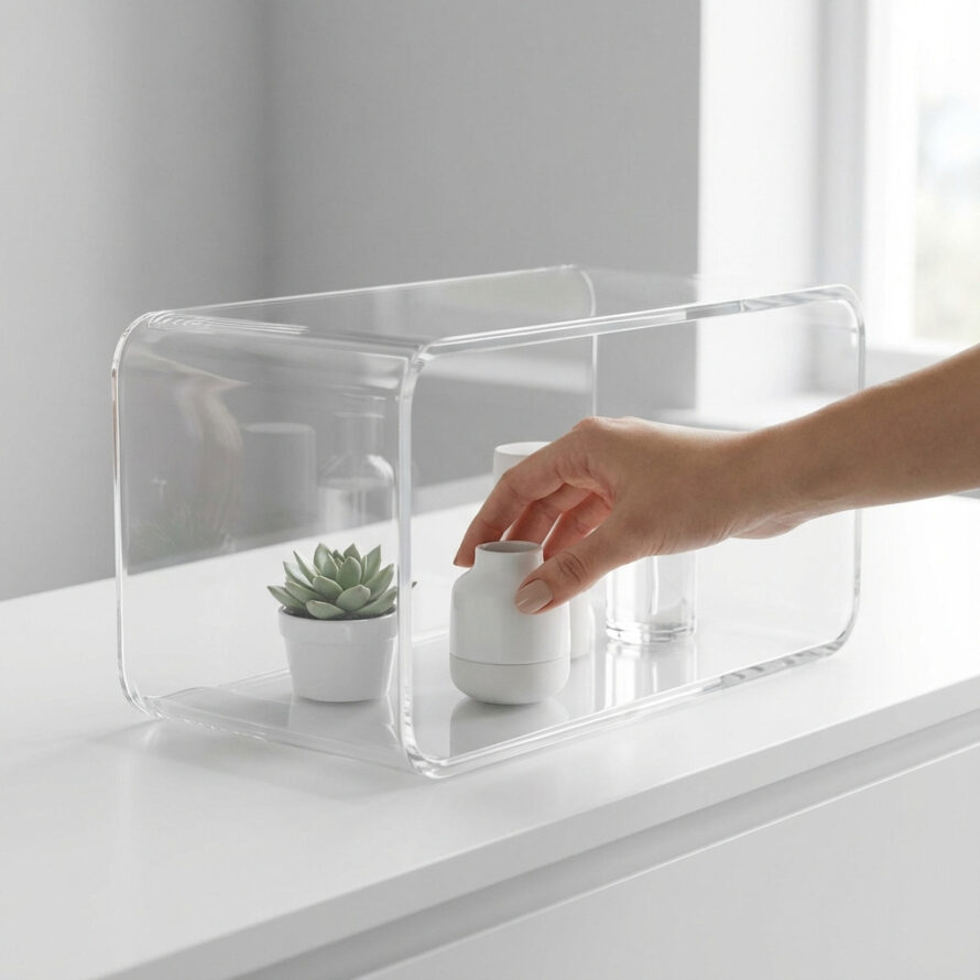 Transparant plexiglas balie display, strak en modern ontwerp van acryl.