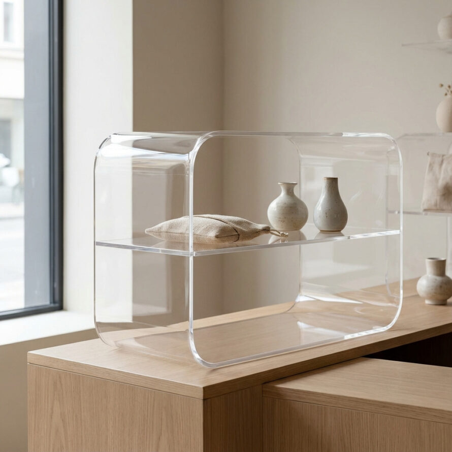 Plexiglas display box van helder acryl, geschikt voor winkels en showrooms.