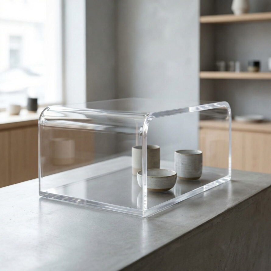 Helder plexiglas balie display met afgeronde hoeken, transparante acryl displaybox op een toonbank in een moderne winkelomgeving.