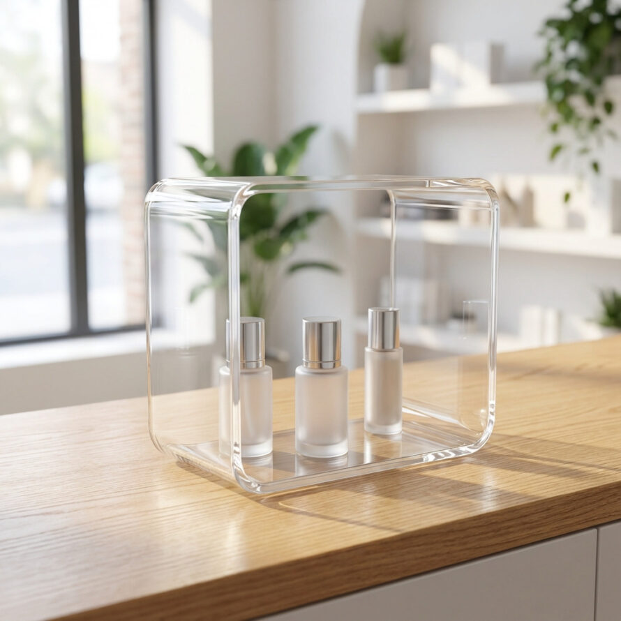 Transparant plexiglas balie display met ronde vormen, strak acryl design voor productpresentatie op toonbank.