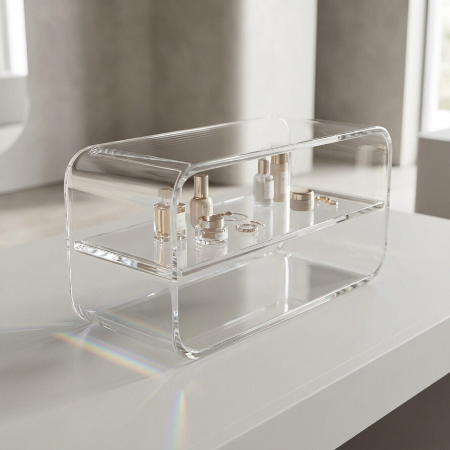 Plexiglas display box van helder acryl, gebruikt als baliedisplay voor het presenteren van producten in een winkel.