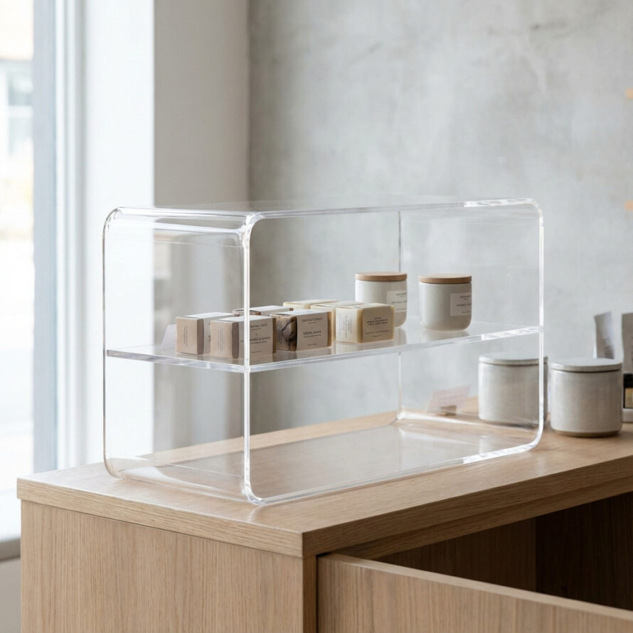 Helder plexiglas display met ronde hoeken, transparante acryl displaybox voor baliepresentatie