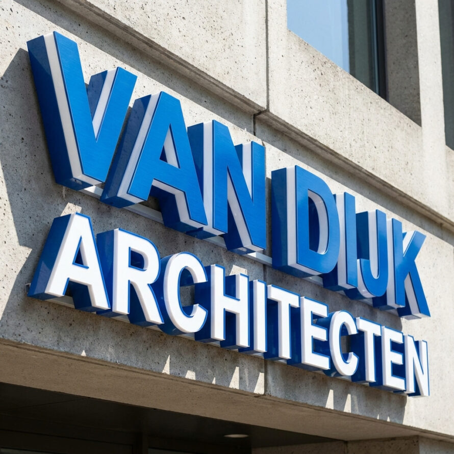 Strakke 3D gevelletters van kunststof op bedrijfsgebouw