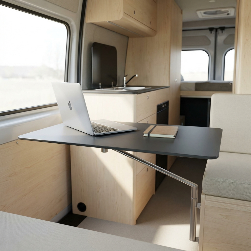 Compacte campertafel met ultradun blad en afgeronde hoeken, gemonteerd aan de wand met een steunbeugel.