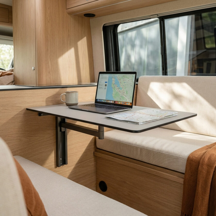 Campertafel met zeer dun HPL-achtig tafelblad, bevestigd aan een wand en ondersteund door een poot, ingericht als compacte werkplek.