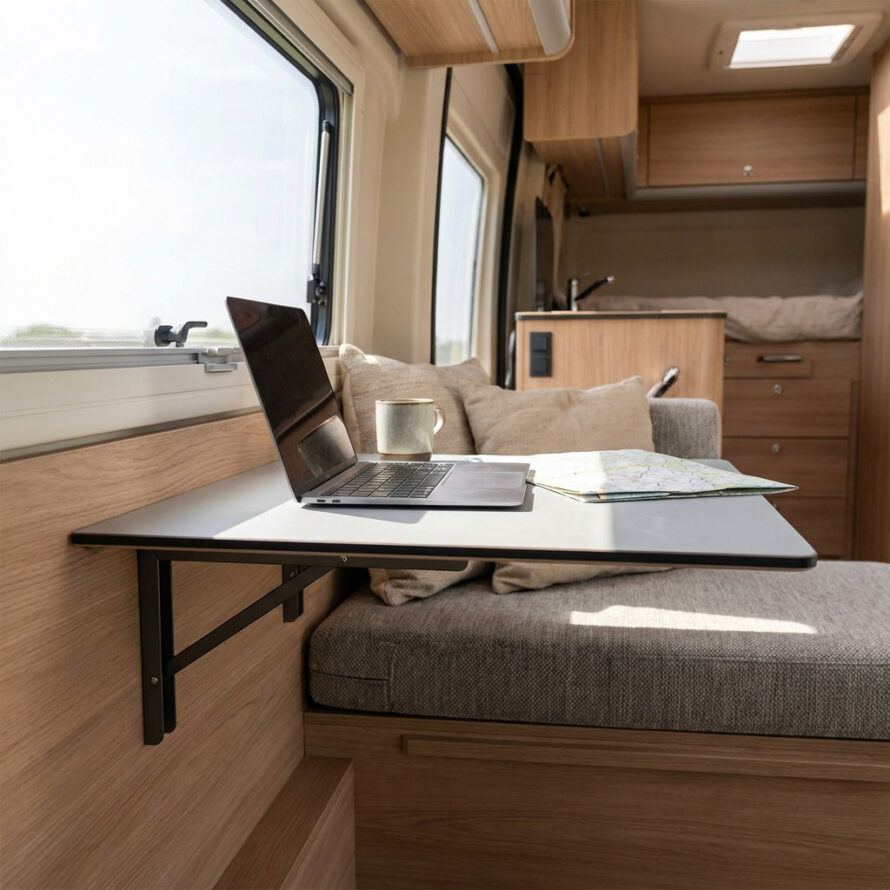 Ultradun donker tafelblad in een camper, gemonteerd op een slank onderstel, met een laptop op de tafel tussen zitbanken.